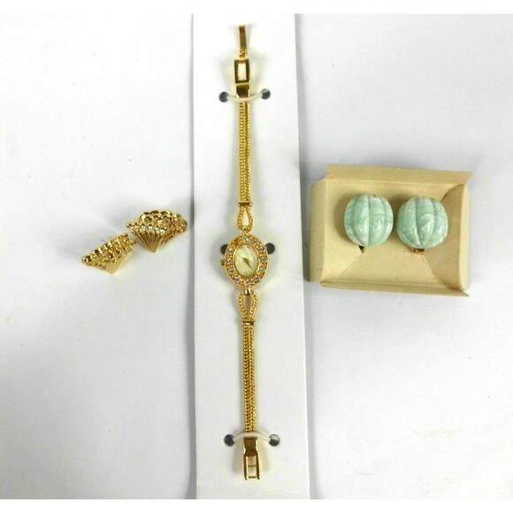 Avon Jewelry - Vintage Avon Jewelry Lot of 3 Anniversary Watch Golden Wave Spring Clip Earrings